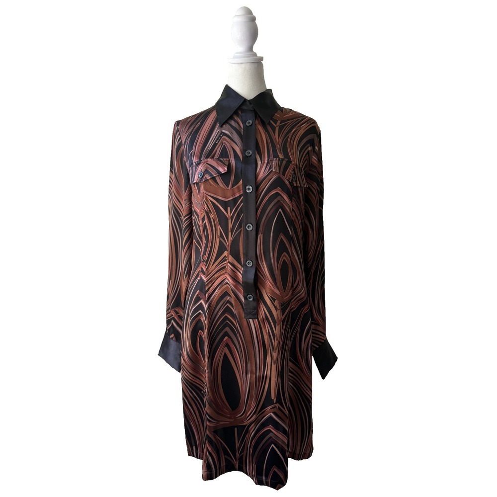 BUI de Barbara Bui Silk Satin Shirt Dress EU 38 US 6‎ Brown Black Abstract Print